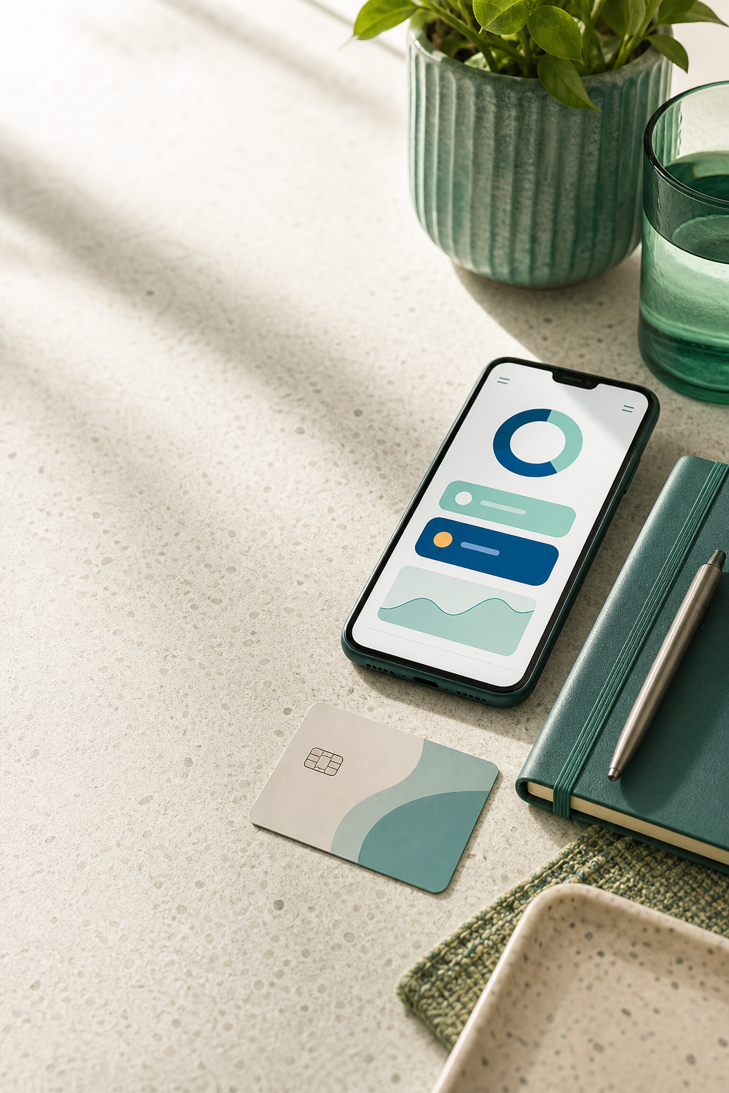Teléfono con interfaz financiera sobre una mesa de trabajo